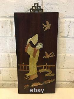 Antique Chinese Stone Carved Inlaid Wood Panel Woman Bird Butterfy Decoration