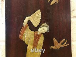 Antique Chinese Stone Carved Inlaid Wood Panel Woman Bird Butterfy Decoration