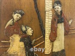 Antique Chinese Stone Carved Inlaid Wood Panel with 3 Figures / Women Decoration