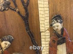 Antique Chinese Stone Carved Inlaid Wood Panel with 3 Figures / Women Decoration