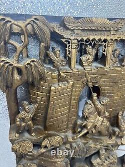 Antique Chinese Temple Gilt Carved Wood Wall Panel People Tower 16 x 12 1940s