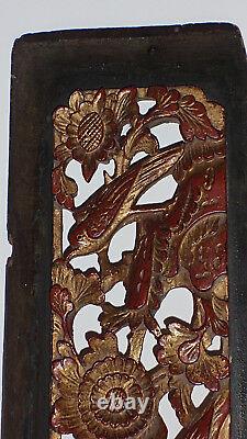 Antique Chinese Temple Panel Gilt over Red Carved Panel with Birds and Flowers