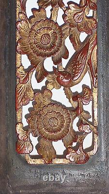 Antique Chinese Temple Panel Gilt over Red Carved Panel with Birds and Flowers