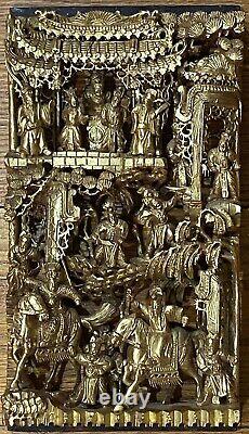 Antique Chinese Temple Wood Carving Panel Gold Leaf Gilt Emperors/warrior-7x13