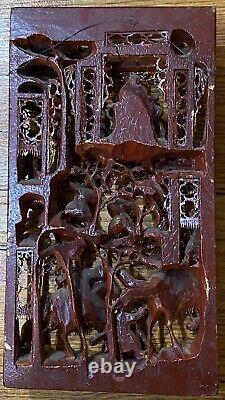 Antique Chinese Temple Wood Carving Panel Gold Leaf Gilt Emperors/warrior-7x13