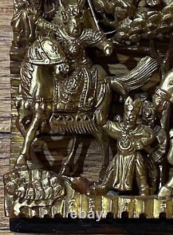 Antique Chinese Temple Wood Carving Panel Gold Leaf Gilt Emperors/warrior-7x13