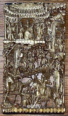 Antique Chinese Temple Wood Carving Panel Gold Leaf Gilt Emperors/warrior-7x13