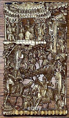 Antique Chinese Temple Wood Carving Panel Gold Leaf Gilt Emperors/warrior-7x13