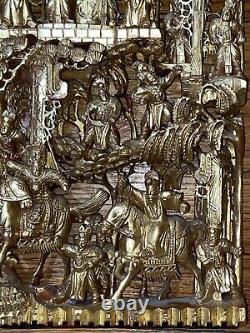 Antique Chinese Temple Wood Carving Panel Gold Leaf Gilt Emperors/warrior-7x13