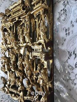 Antique Chinese Temple Wood Carving Panel with Gold Leaf Gilt 17 In X 12 In X 2