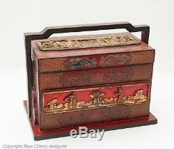 Antique Chinese Wood & Carved Cinnabar Lacquer Panel Wedding Dowry Basket / Box