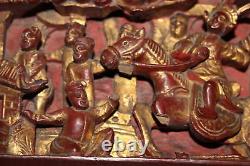 Antique Chinese Wood Carved Panel-High Relief-Religious Spiritual Men Horse