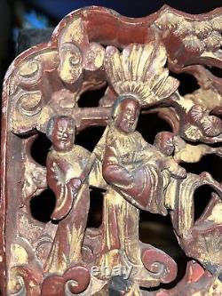 Antique Chinese Wood Carved Panel Wall Hanging 3d Gold 17x7