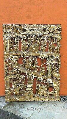 Antique Chinese Wood Carved Pierced Gilt Temple Panel Battle Warriors On Horses