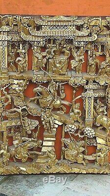 Antique Chinese Wood Carved Pierced Gilt Temple Panel Battle Warriors On Horses