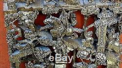 Antique Chinese Wood Carved Pierced Gilt Temple Panel Battle Warriors On Horses