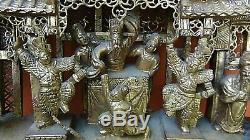 Antique Chinese Wood Carved Pierced Gilt Temple Panel Battle Warriors On Horses