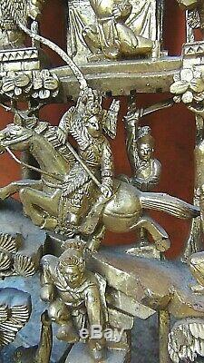 Antique Chinese Wood Carved Pierced Gilt Temple Panel Battle Warriors On Horses