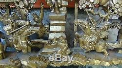 Antique Chinese Wood Carved Pierced Gilt Temple Panel Battle Warriors On Horses