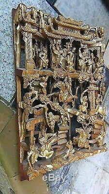 Antique Chinese Wood Carved Pierced Gilt Temple Panel Battle Warriors On Horses