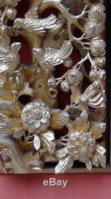 Antique Chinese Wood Carved Pierced Gilt Temple Panel Of Birds, Blossom Cherry