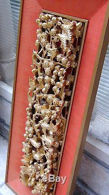 Antique Chinese Wood Carved Pierced Gilt Temple Panel Of Birds, Blossom Cherry