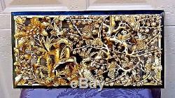 Antique Chinese Wood Carved Pierced Gilt Temple Panel Of Birds, Blossoming Tree