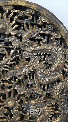 Antique Chinese Wood Carved Plaque Panel Dragons Pearl