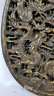 Antique Chinese Wood Carved Plaque Panel Dragons Pearl