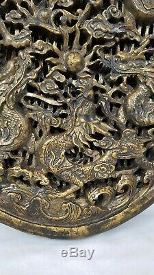 Antique Chinese Wood Carved Plaque Panel Dragons Pearl