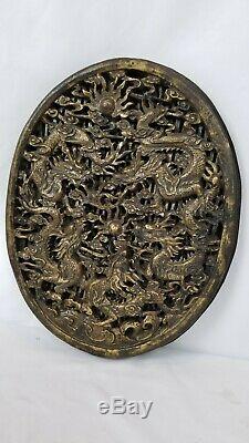 Antique Chinese Wood Carved Plaque Panel Dragons Pearl