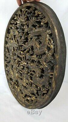 Antique Chinese Wood Carved Plaque Panel Dragons Pearl