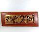 Antique Chinese Wooden Carved Red Lacquered Relief Panel, 14 X 5.5