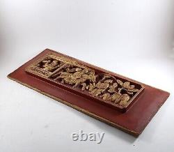 Antique Chinese Wooden Carved Red Lacquered Relief Panel, 14 X 5.5
