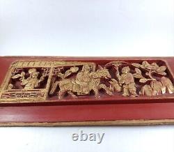 Antique Chinese Wooden Carved Red Lacquered Relief Panel, 14 X 5.5