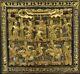 Antique Chinese Carved Gold Wood Panel Deep Relief Court Horse Figures 9x9