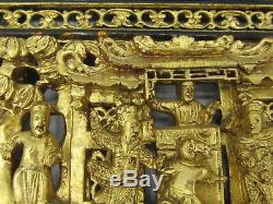 Antique Chinese carved gold wood panel deep relief court horse figures 9x9