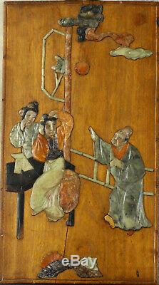 Antique Chinese carved hardstone Inlaid Wood Panel. A Nobleman and his Lady