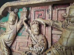 Antique Chinese carved wood panel with kung Fu figures