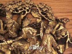 Antique Chinese deep relief gilt wood panel carving Imperial warriors 13x21.5