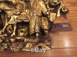 Antique Chinese deep relief gilt wood panel carving Imperial warriors 13x21.5