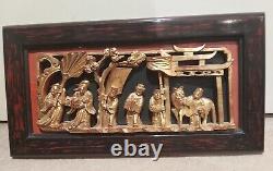 Antique Chinese wood Carved And Gilded in rosewood panel 37 W20cm