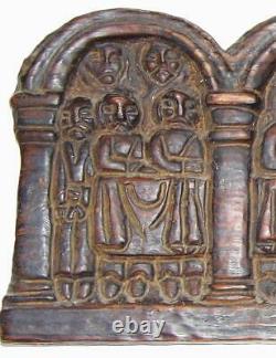 Antique Coptic Christian Carved Wood Panel The Last Supper Jesus Disciples Gothi