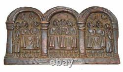 Antique Coptic Christian Carved Wood Panel The Last Supper Jesus Disciples Gothi