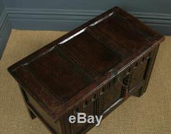 Antique English Charles II Oak Carved Triple Panel Coffer Chest Blanket Box