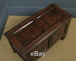 Antique English Georgian Oak Carved Twin Panel Coffer Chest Blanket Box Trunk