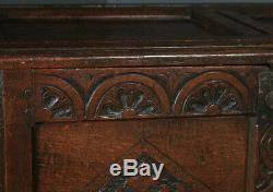 Antique English Georgian Oak Carved Twin Panel Coffer Chest Blanket Box Trunk