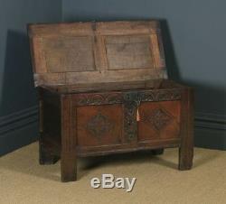 Antique English Georgian Oak Carved Twin Panel Coffer Chest Blanket Box Trunk