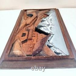 Antique European Carved Wood Wall Carving Plaque Wooden Relief Panel Rural Scene
