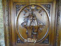 Antique Fench Large Carved Wood Solid Walnut Panel Door Fishing Scene-Trout-Ray